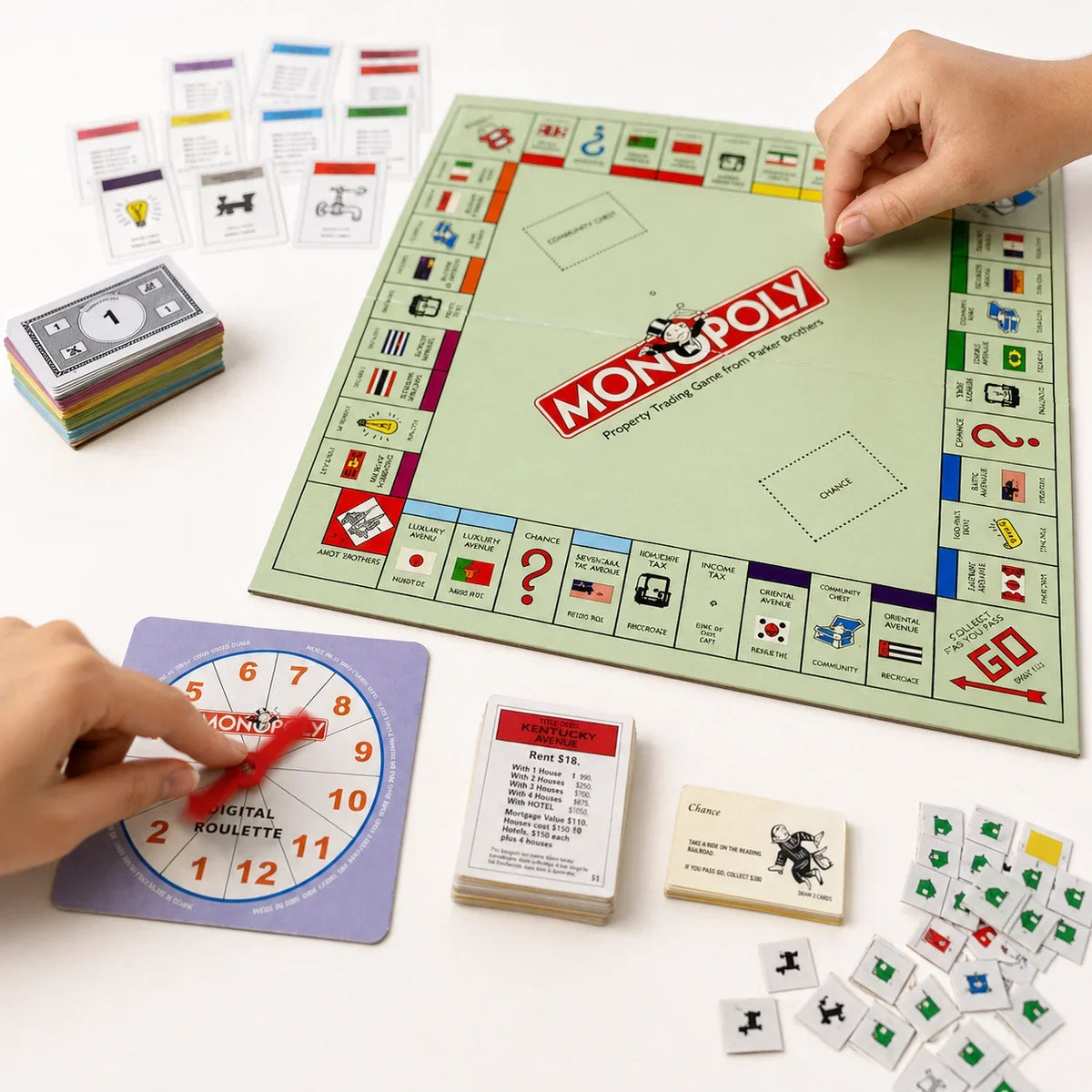 A green Monopoly board game is displayed next to a purple roulette wheel and small game pieces.