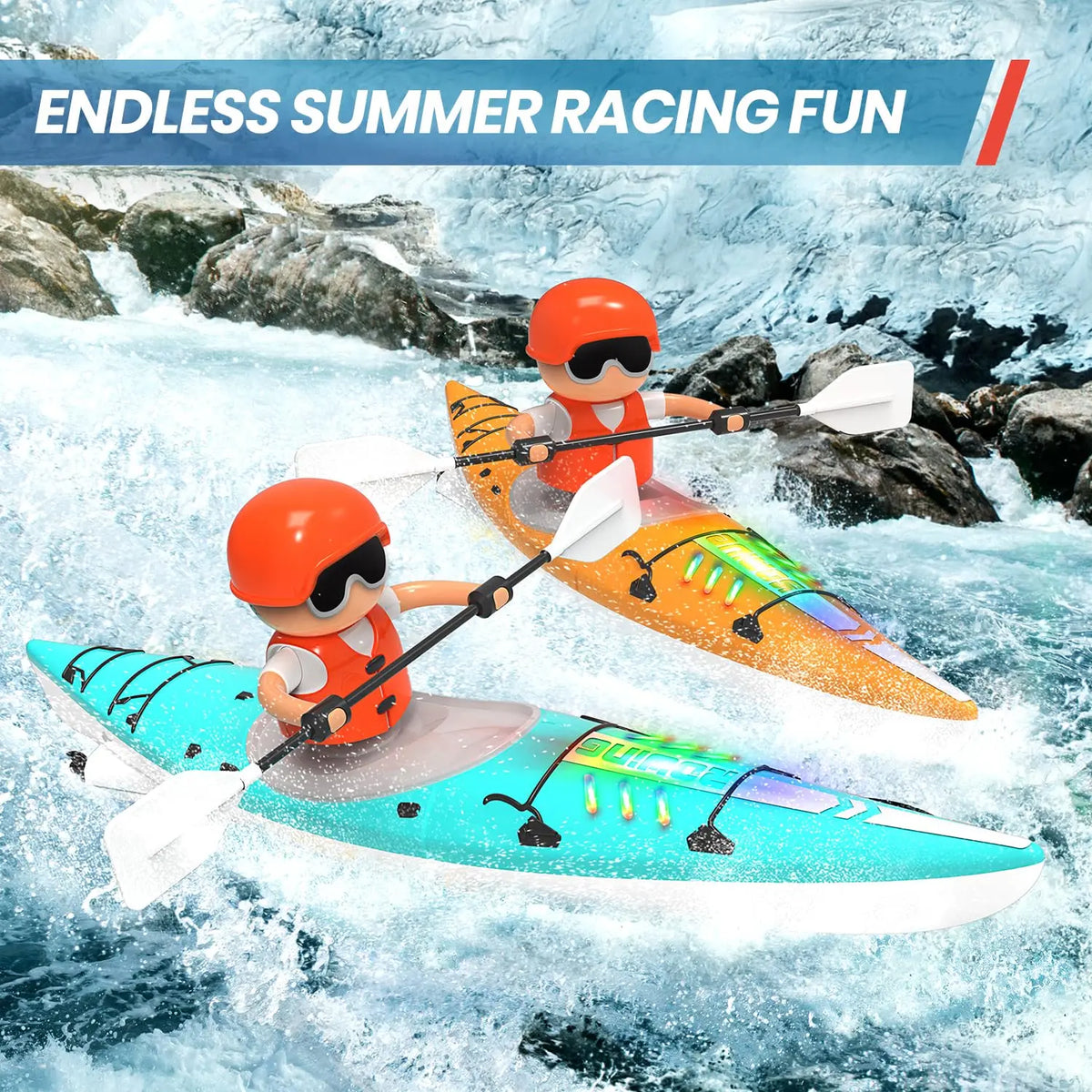 Two children in orange helmets race inflatable boats through choppy blue water.
