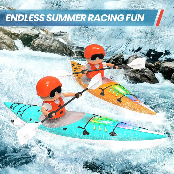 Two children in orange helmets race inflatable boats through choppy blue water.