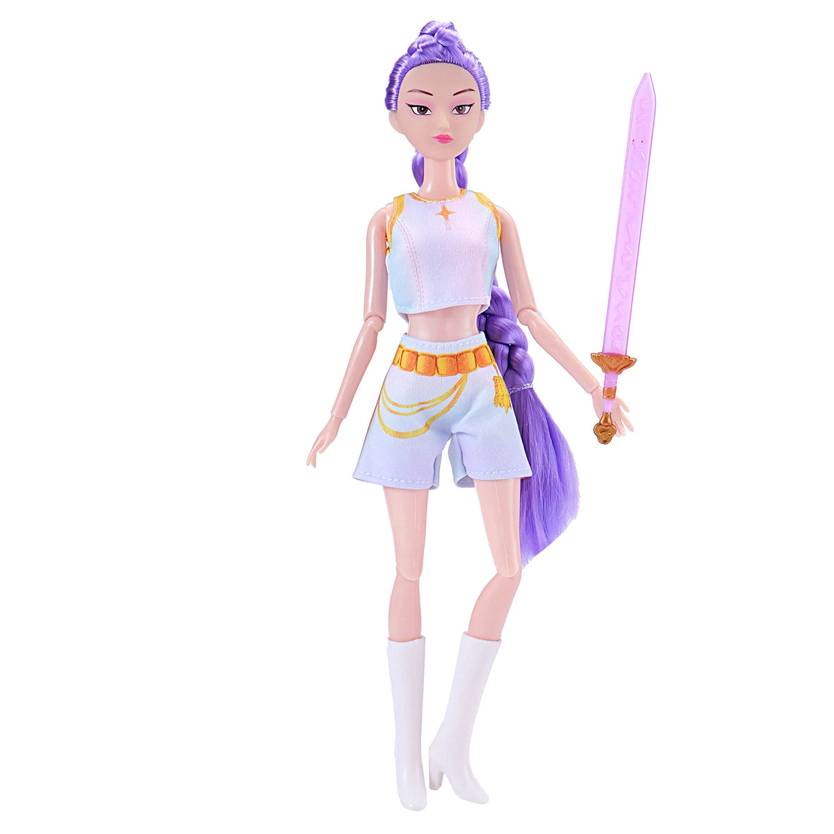 Anime-inspired plush doll collectible set featuring a purple-haired female character with a sword.