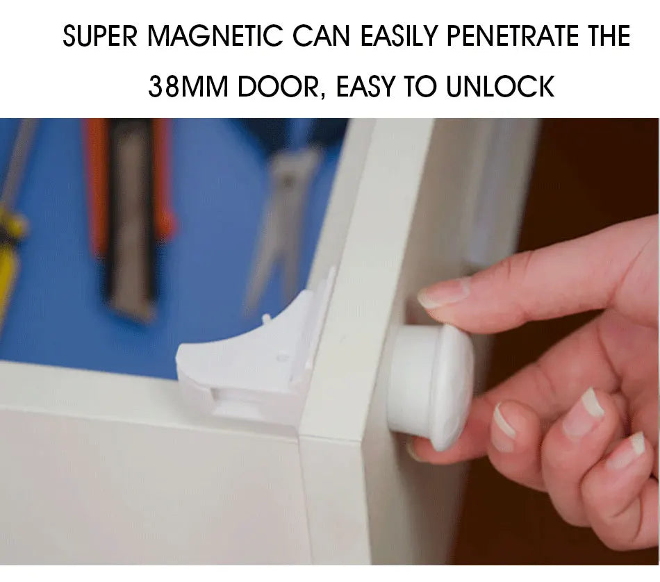 A hand is shown unlocking a white cabinet door using a super magnetic device.