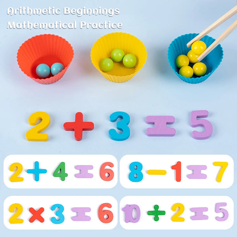 Montessori wooden clip beads toys showing basic arithmetic operations like addition, subtraction, multiplication, and equalit
