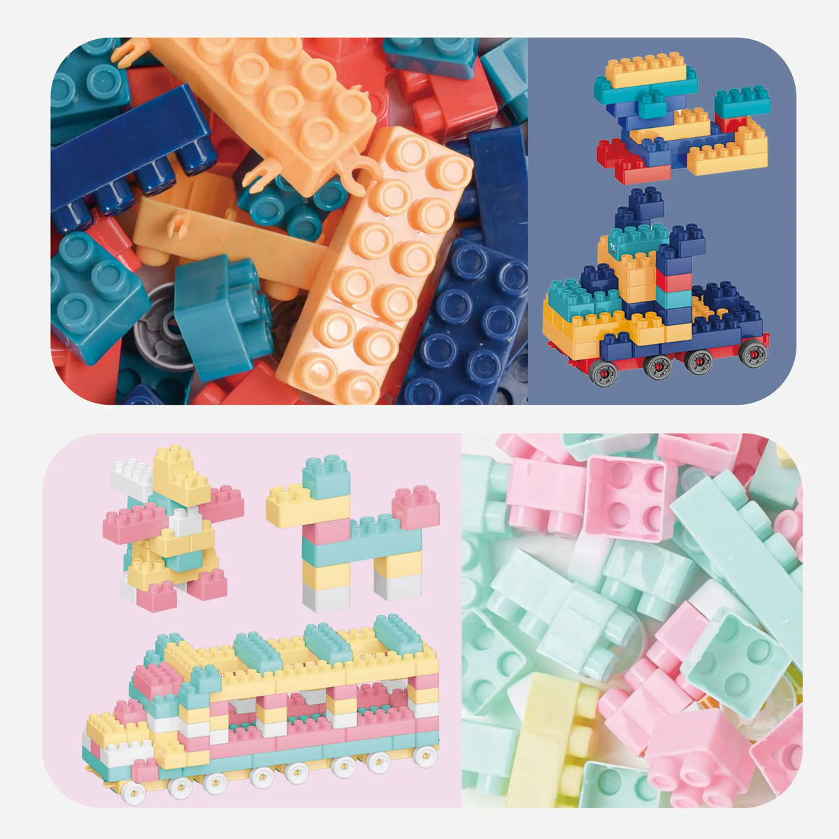 A collection of colorful educational stacking blocks in various shapes and colors like orange, blue, pink, and yellow.