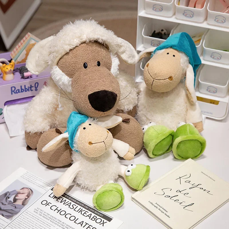 A plush toy of a brown wolf dressed in white sheep's clothing next to a blue sheep plush toy.