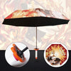 A black umbrella with a floral pattern is shown open against a background featuring Demon Slayer artwork.