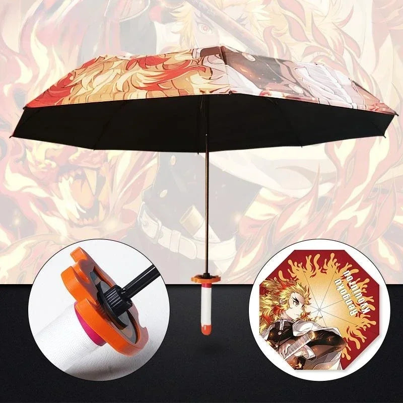 A black umbrella with a floral pattern is shown open against a background featuring Demon Slayer artwork.
