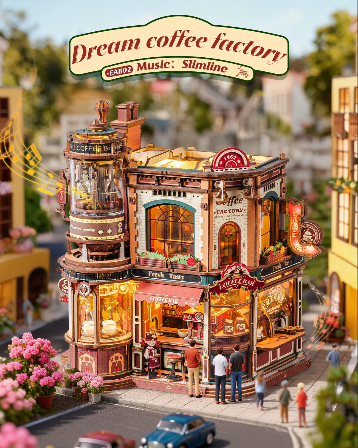 A detailed wooden 3D puzzle model of the Dream Coffee Factory building.