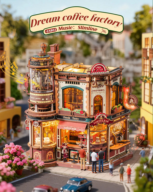 Detaljerad 3D-pusselmodell i trä av Dream Coffee Factory-byggnaden.