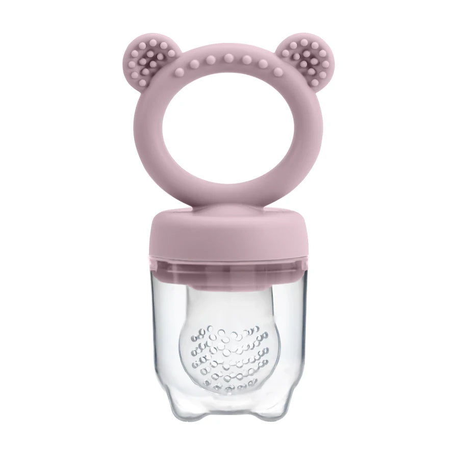 Rosa Silikon-Fruchtfutter-Pacifier mit abgerundetem Deckel und klarem Silikonkörper.
