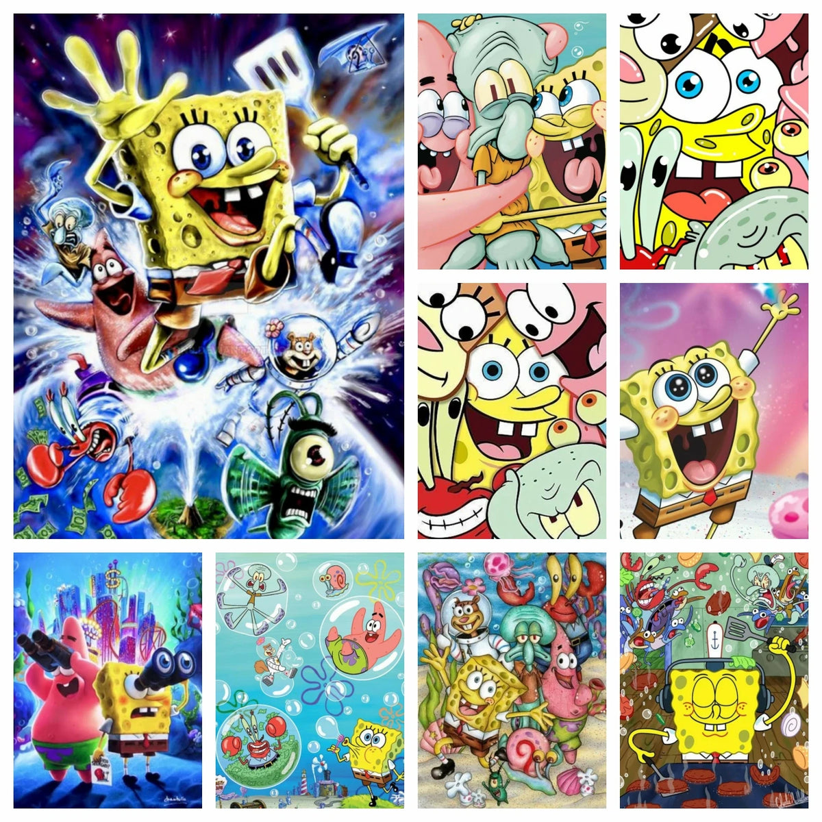A collection of SpongeBob characters in diamond painting style featuring various poses and expressions.
