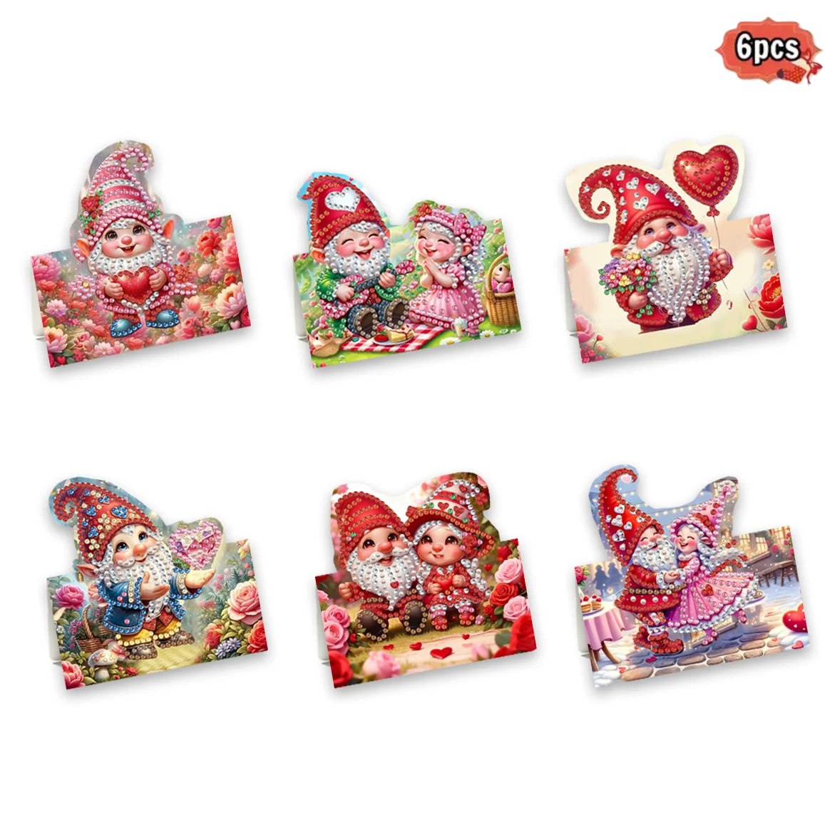 A set of six diamond painting cards featuring festive designs of characters in various outfits and floral elements.