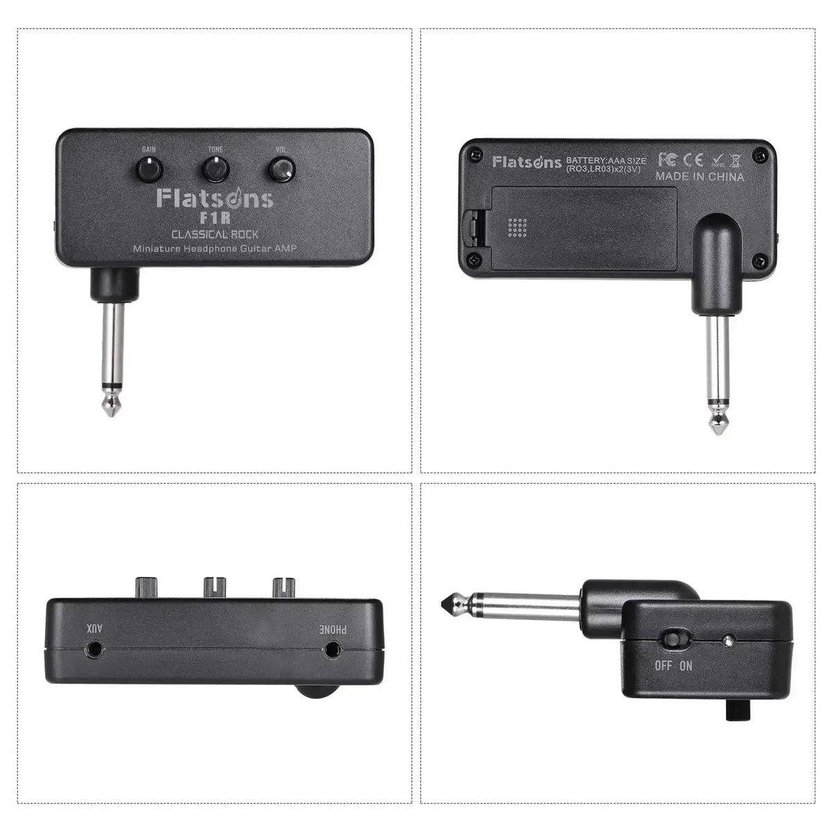 Black portable guitar headphone amplifier with tone control and power switch.