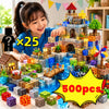 A smiling girl is building a large medieval castle model using colorful magnetic building cubes and bricks.
