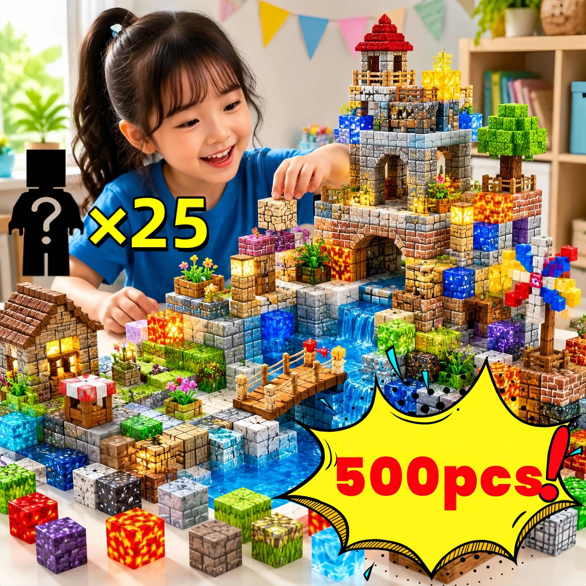 A smiling girl is building a large medieval castle model using colorful magnetic building cubes and bricks.