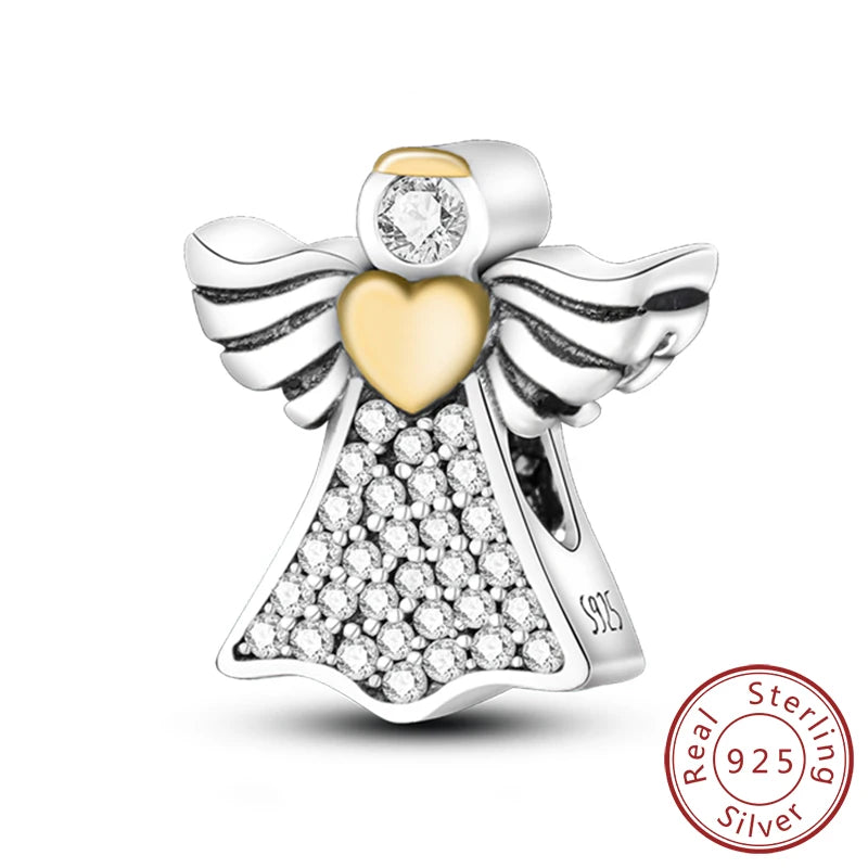 Sterling silver charm beads set featuring cross, angel, and evil eye designs for DIY jewelry making