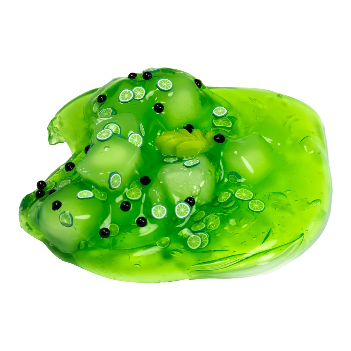 Bright green jelly putty slime with visible clear and black crystals and a leaf-like texture.