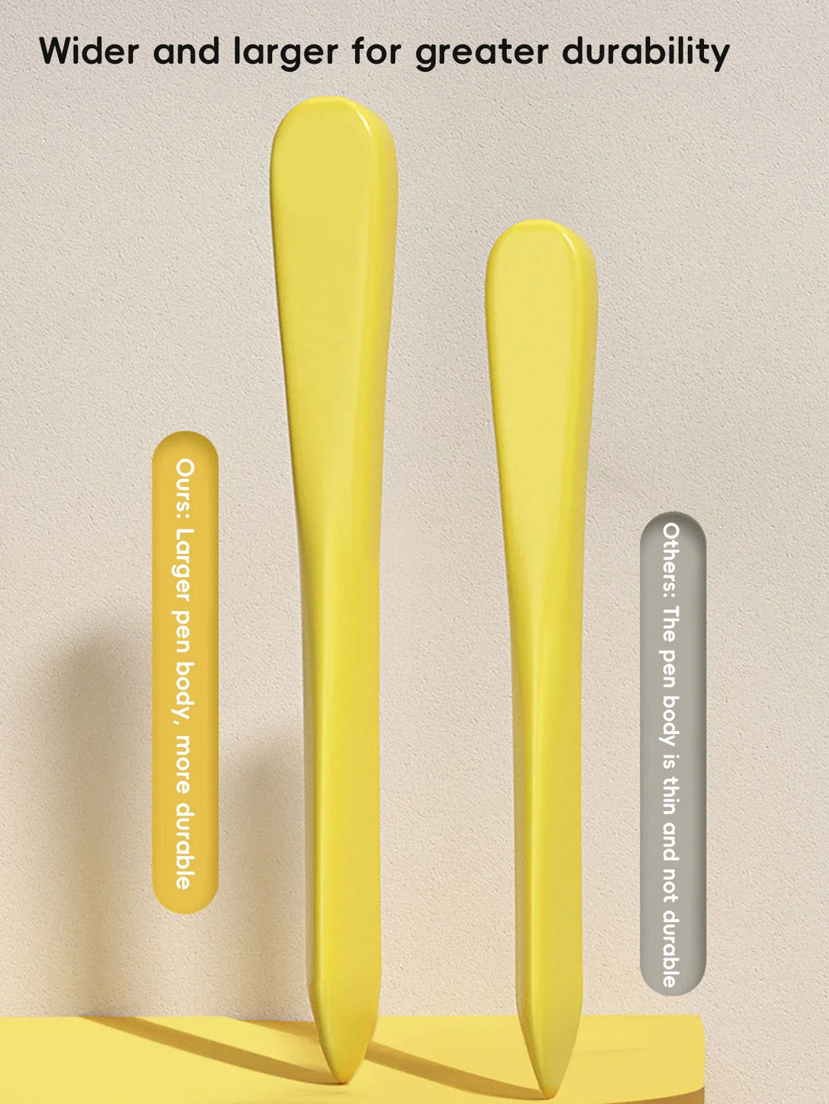 Two yellow crayons are shown, illustrating that the larger pen body offers greater durability than the thinner ones.