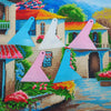 Diamond painting tools featuring pink and blue triangular shapes set against a colorful outdoor scene.