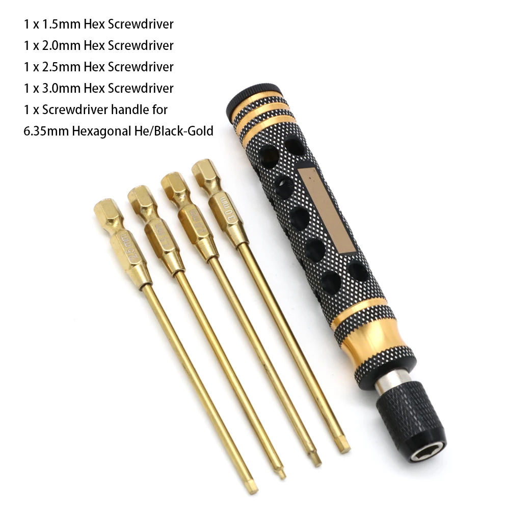 A set of precision hex screwdrivers, including various sizes and a handle, are displayed on a white background.
