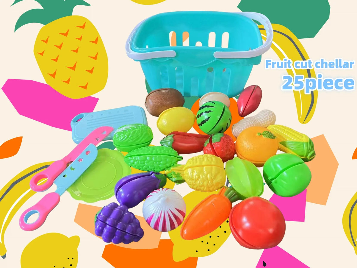 A set of 25 fruit cut chellars in various colors and shapes, including a blue basket and colorful fruit-shaped tools.