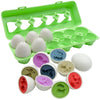 A green plastic storage box holds various colored and shaped eggs for a Montessori matching toy set.