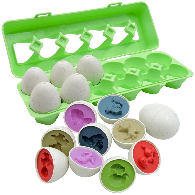 A green plastic storage box holds various colored and shaped eggs for a Montessori matching toy set.