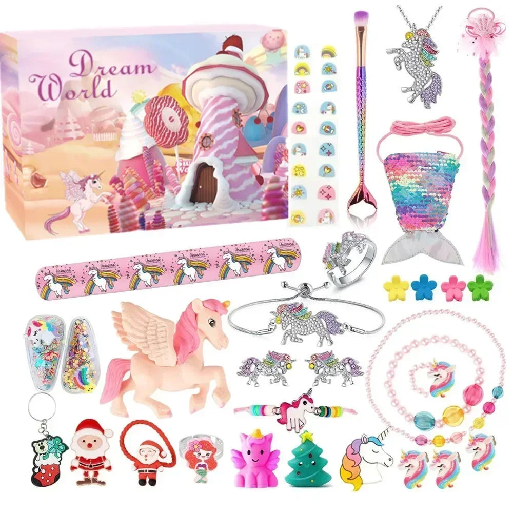 A colorful advent calendar box filled with 24 days of mermaid jewelry and various small decorative items.