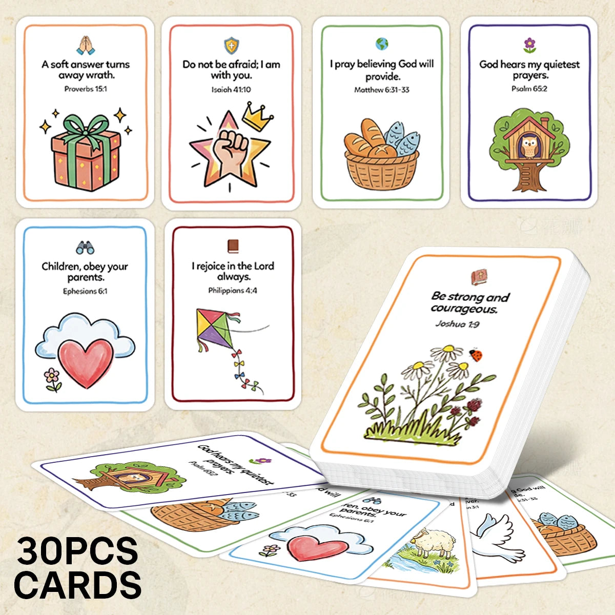 A set of 30 illustrated Bible prayer cards for kids featuring verses and imagery.