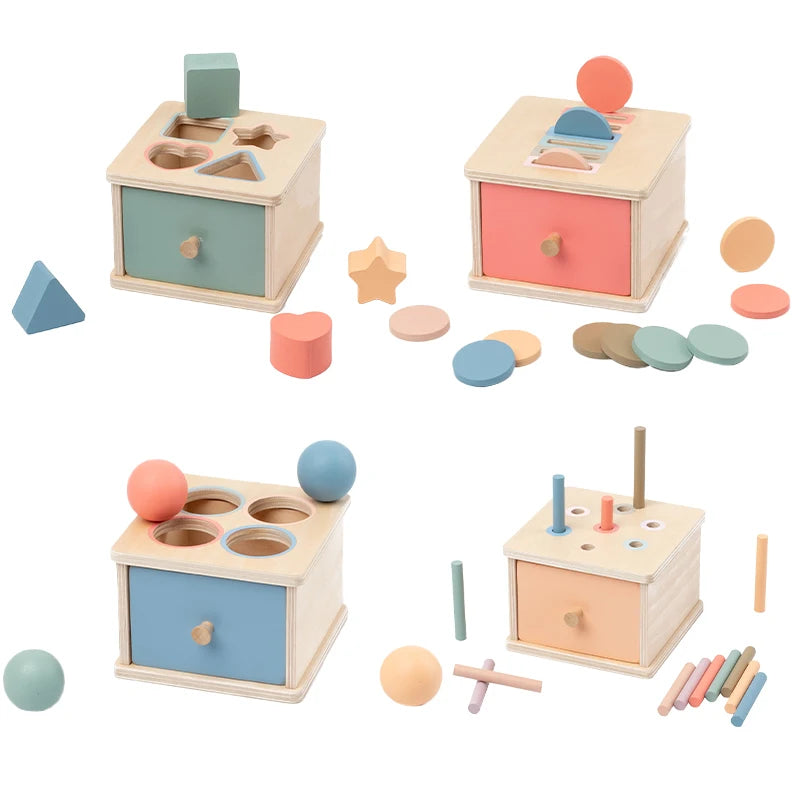 A set of wooden Montessori color and shape sorting boxes with various colored and shaped pieces.