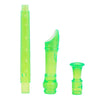 A lime green soprano recorder with a clear cleaning rod.