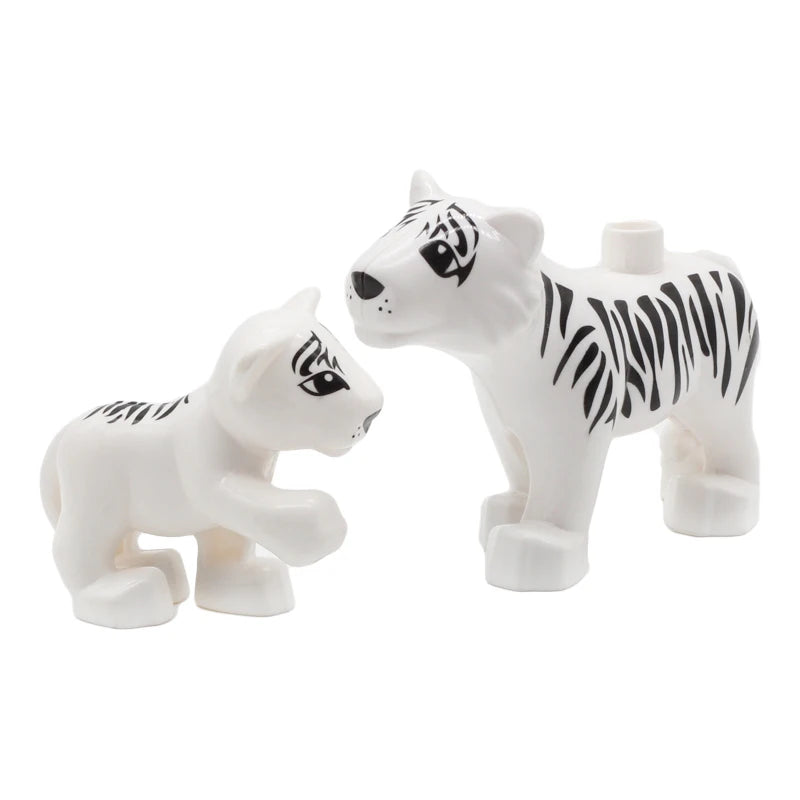 A set of white zoo animal building blocks featuring a lion, bear, tiger, elephant, and panda.