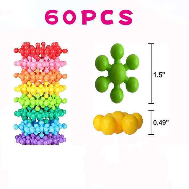 A set of 60 colorful, translucent plastic spherical building blocks in various shades of pink, orange, yellow, green, and blu