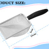 Silver mesh beach sand scoop with a black handle shown from the side.