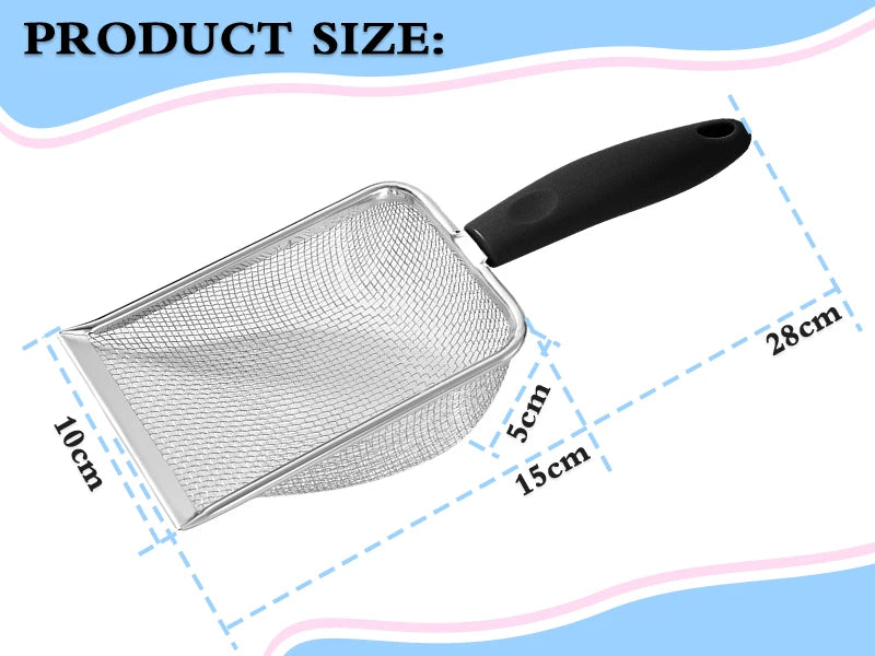 Silver mesh beach sand scoop with a black handle shown from the side.