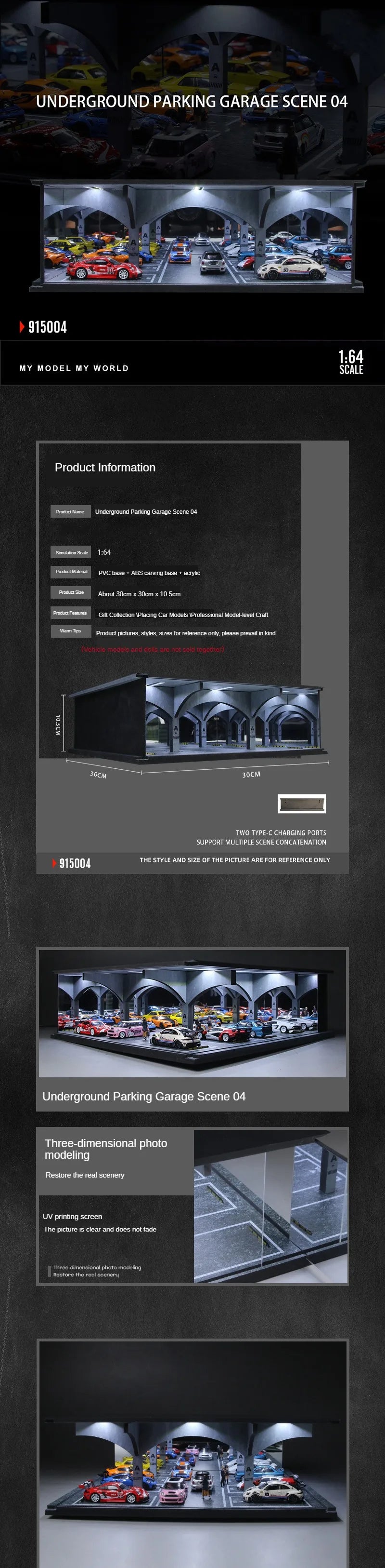 A 1:64 scale LED light-up underground parking garage diorama featuring diecast cars.