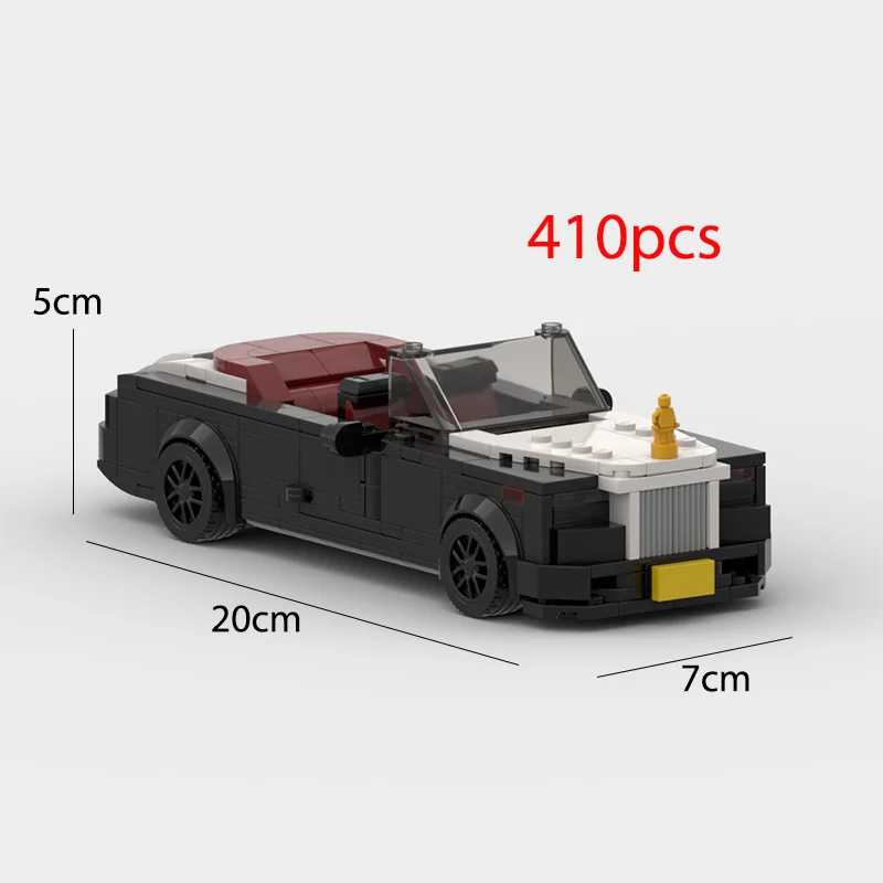 A black and red classic supercar building block model with a transparent roof and yellow detail, shown from the side.