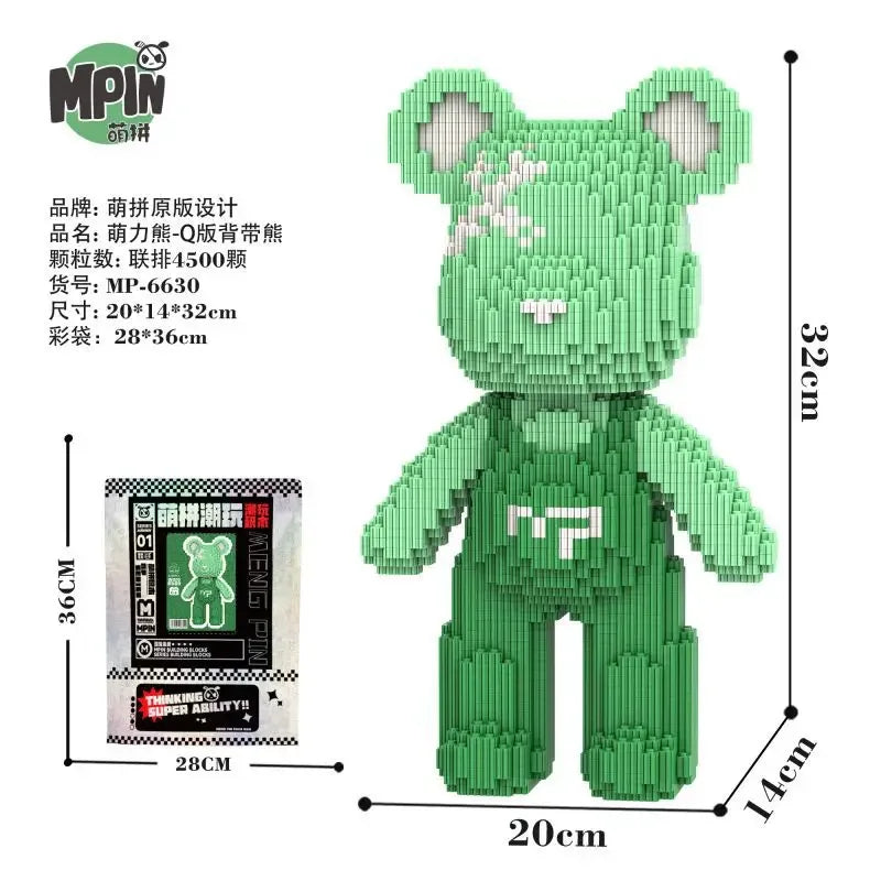 A green bear-shaped mini building block set with white accents and packaging visible.