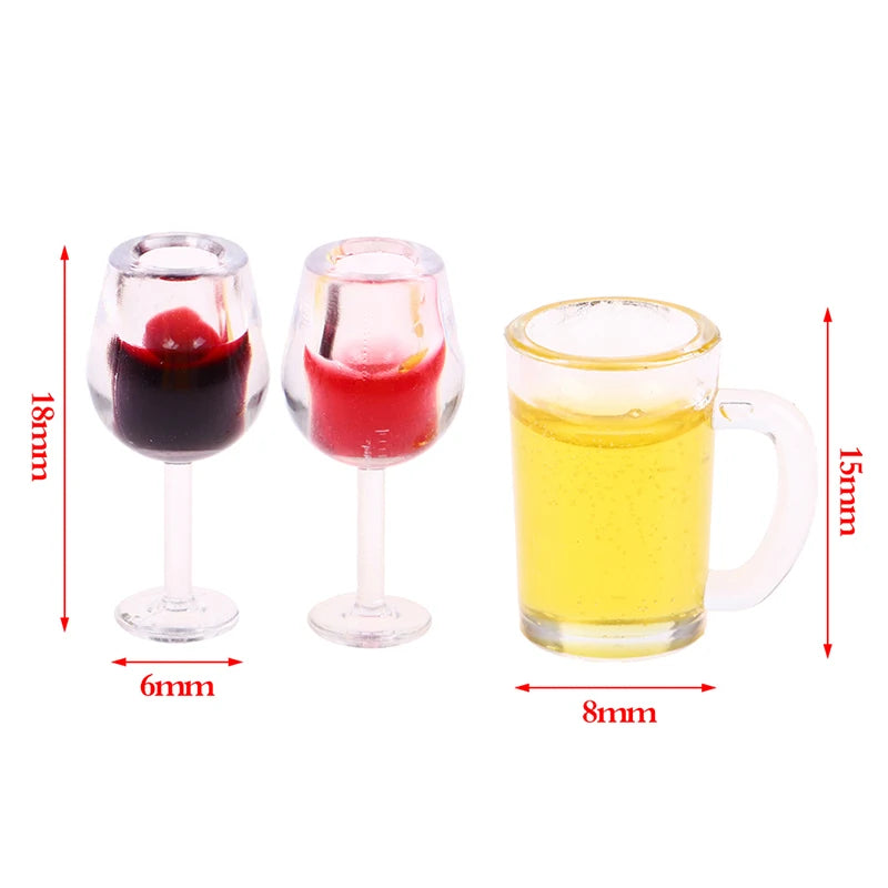 A set of three miniature resin wine glasses and a juice glass with measurements shown.