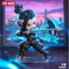 A collectible PVC figurine of a ninja character wielding a glowing blue katana against a purple and pink background.