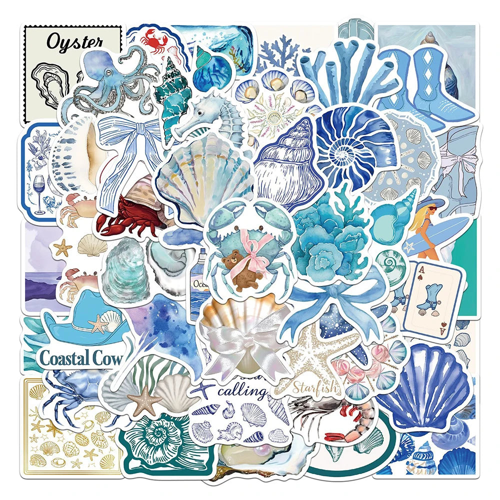 A collection of ocean-themed stickers featuring crabs, shrimp, sea creatures, and marine life in various colors.