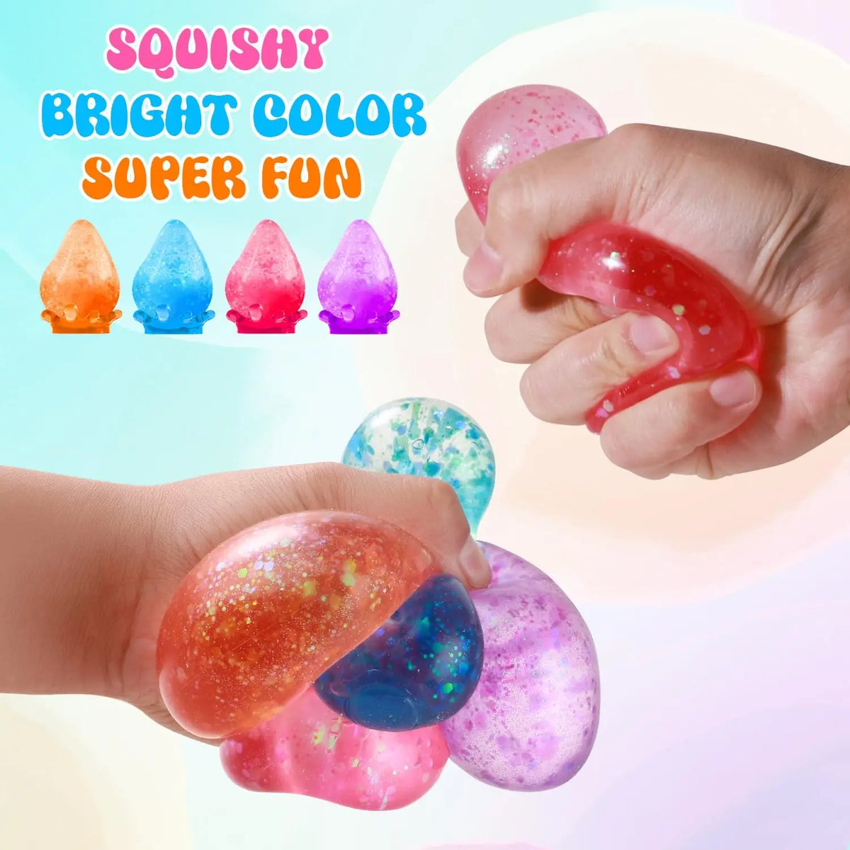 Hands are squeezing bright colored squishy stress balls, showing various colors like orange, blue, and pink.