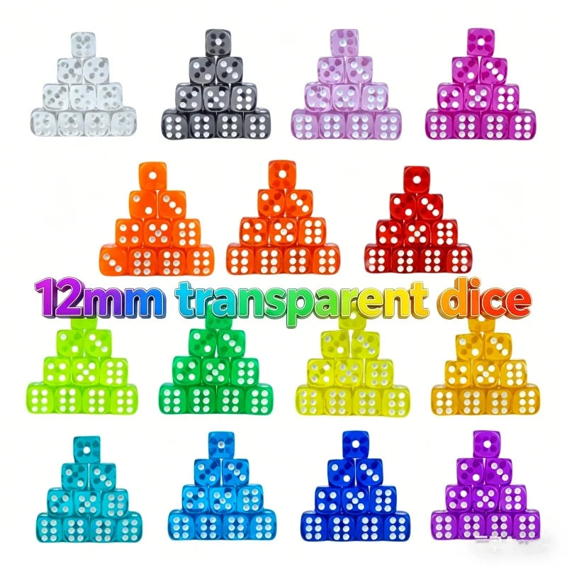 A collection of colorful transparent dice in various sizes and colors arranged in pyramid shapes.