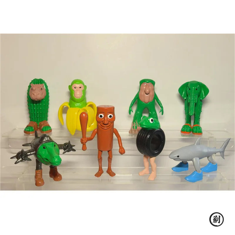 A set of eight quirky wooden stick doll figures in various colors and styles for desktop decoration.