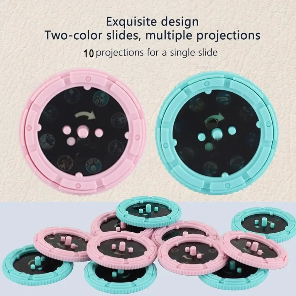 Two versions of a kids' projection slide flashlight showing different colors and multiple projections.