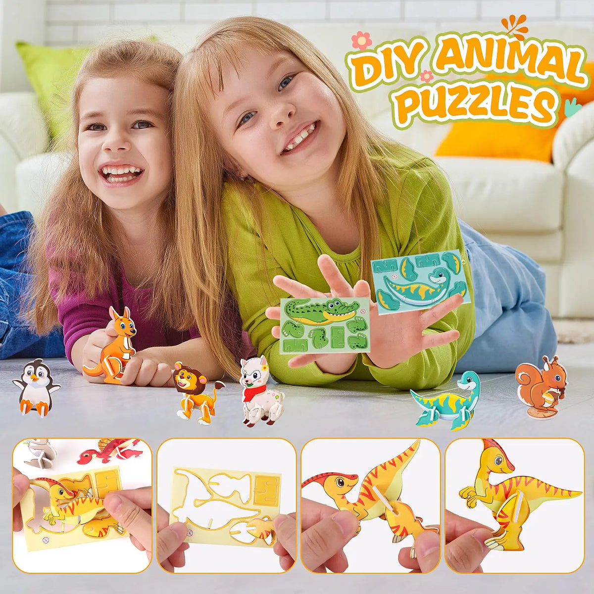 A set of 3D DIY cardboard puzzles featuring animals, dinosaurs, insects, and vehicles for kids.