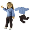 A doll wearing a blue polka dot shirt and brown pants, with separate clothing items shown beside it.