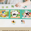 A child is assembling a magnetic jigsaw puzzle featuring animals, fruit, and traffic elements on a white table.