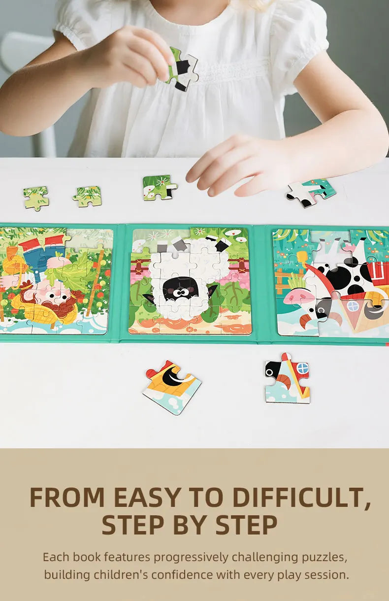 A child is assembling a magnetic jigsaw puzzle featuring animals, fruit, and traffic elements on a white table.