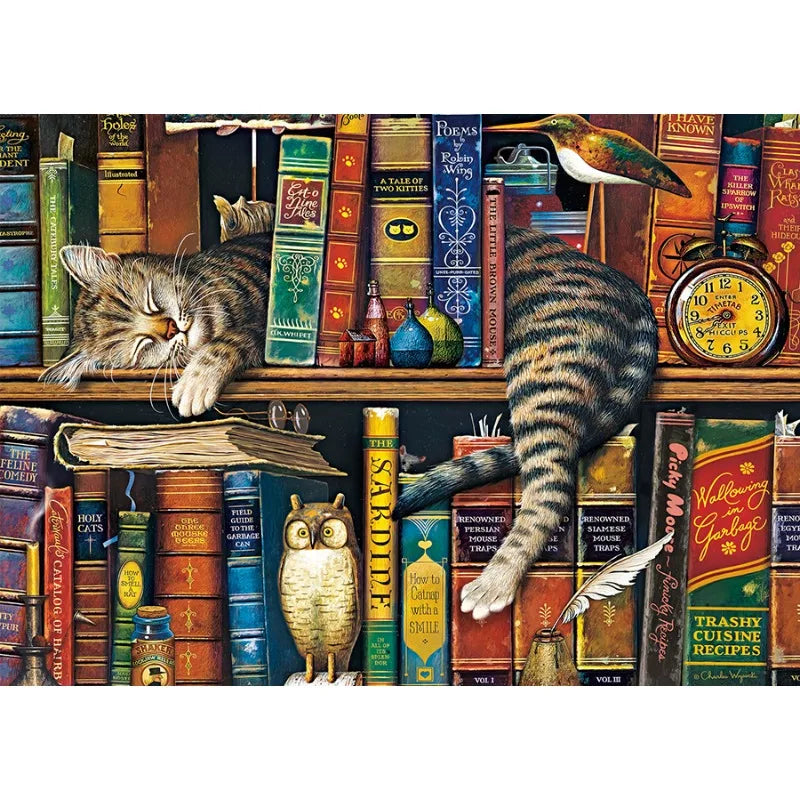 A jigsaw puzzle featuring a cat, titled The Tally Cat, surrounded by various books and objects.