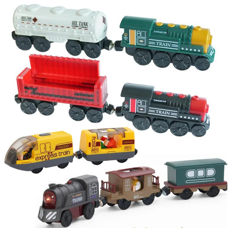 A collection of battery-powered magnetic wooden train sets in various colors and designs for toddlers.